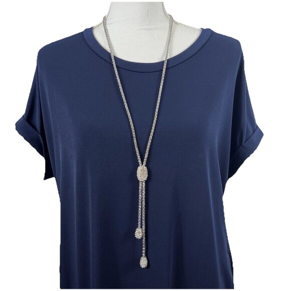 CHICO'S Rhinestone Statement Pave Crystal Lariat Rope Chain Necklace Silver Tone - Picture 1 of 8